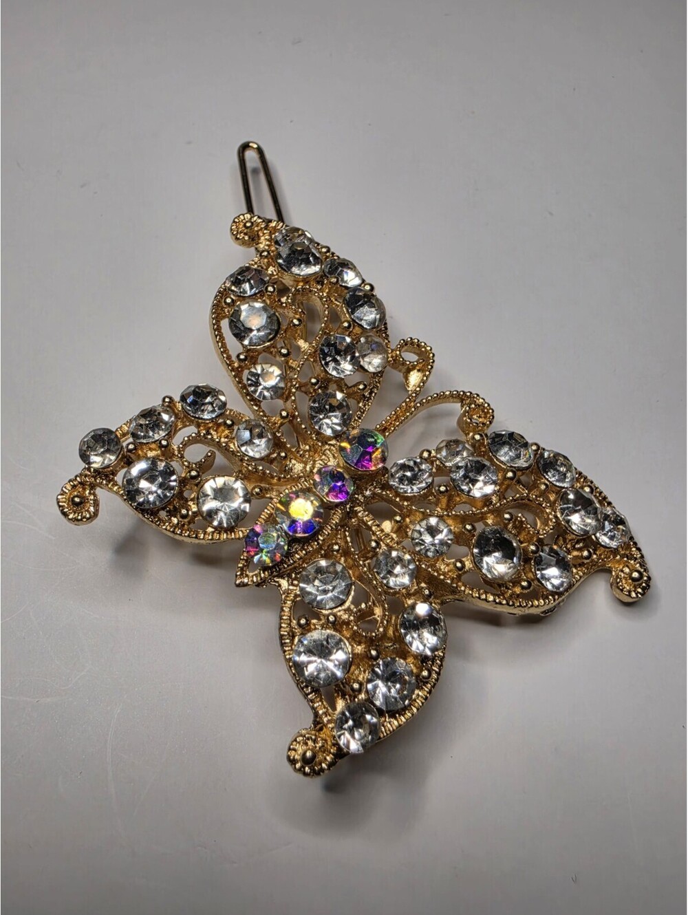 Gold Beaded Butterfly with Rhinestones Clip